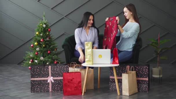 Twee vriendinnen overwegen aankopen gedaan in online winkel. — Stockvideo