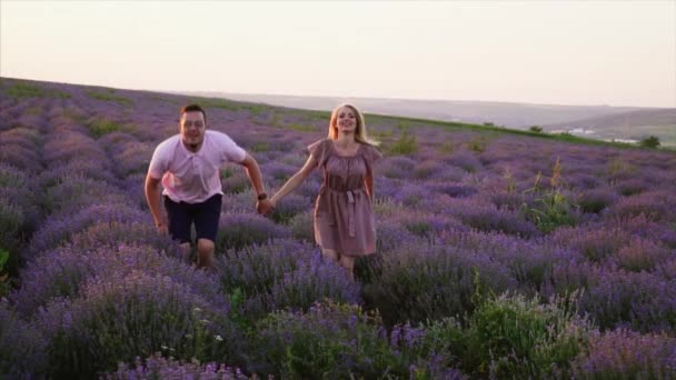 Mladý pár vyskakuje v kvetoucím levandulovém poli, zpomaluje — Stock video