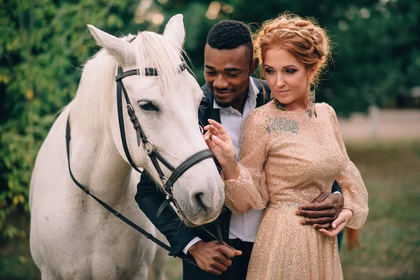 Los recién casados están de pie cerca de un caballo blanco en la naturaleza —  Fotos de Stock