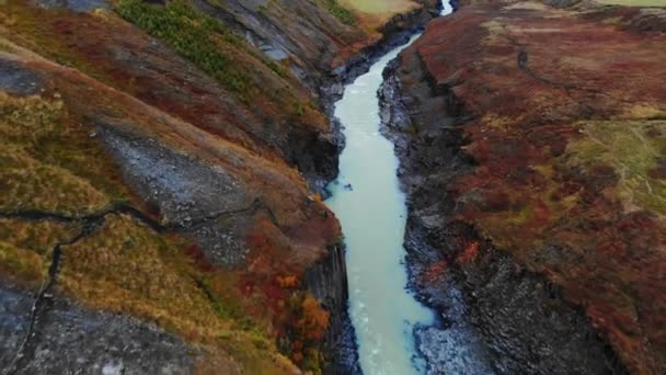 Letecký pohled na Studlagil Canyon, řeku Jokulsa A Bru na Islandu — Stock video