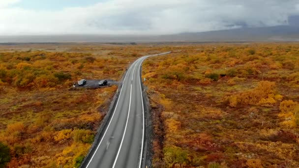 Вид с воздуха на дорогу среди осеннего исландского ландшафта, национальный парк Thingvellir — стоковое видео