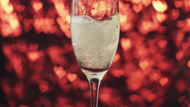 Champagne est versé dans un verre sur un fond rouge avec de nombreux cœurs, fermer . — Video