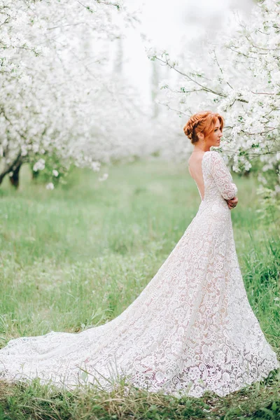 A young woman in a white dress is standing in a blooming garden. — Stock Photo, Image