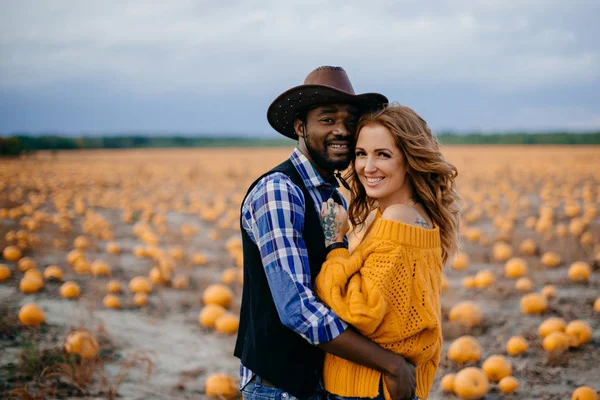 Balkabağı tarlasında duran genç bir çift çiftçi.