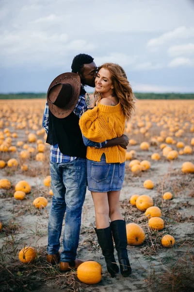 Un jeune couple d'agriculteurs se tient dans un champ de citrouilles . — Photo