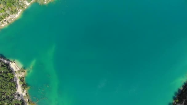Légi kilátás egy kék tó körül erdő. — Stock videók