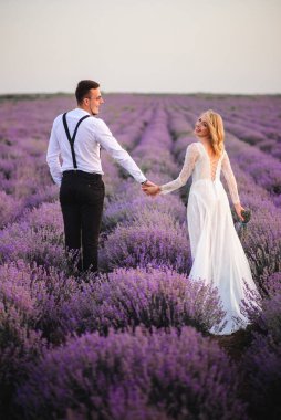 Çiçek açan Lavanta Tarlası boyunca çalışan mutlu yeni evliler