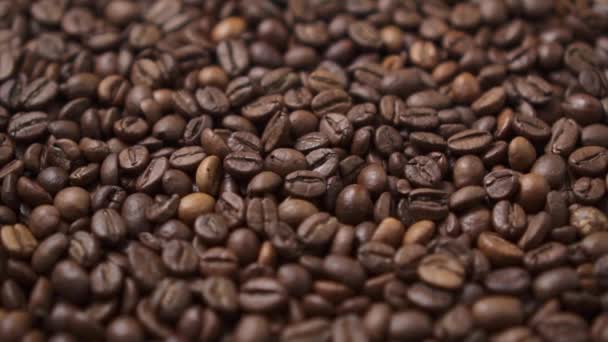 Les grains de café torréfiés foncés se déplacent en cercle . — Video