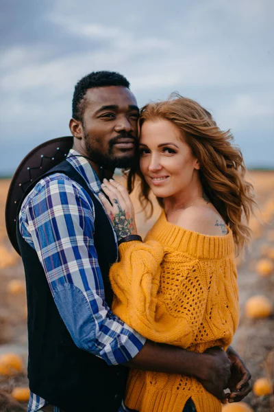 Un par de amantes se paran en un campo de calabazas. —  Fotos de Stock