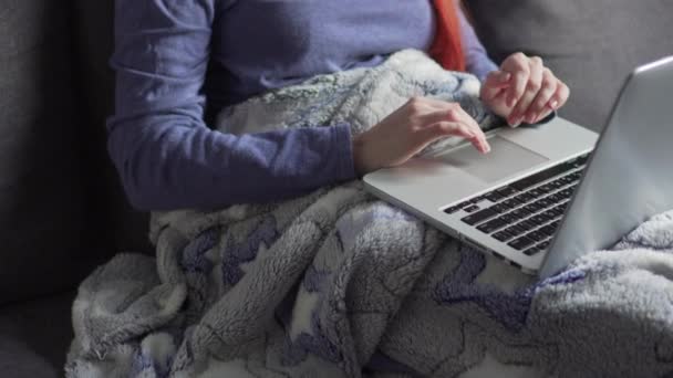 Karantinada bir kadın dizüstü bilgisayar kullanıyor.. — Stok video