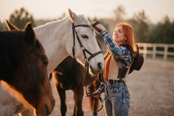 Kvinnlig bonde arbetar med hästar. — Stockfoto