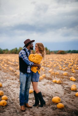 Balkabağı tarlasında duran genç bir çift çiftçi.