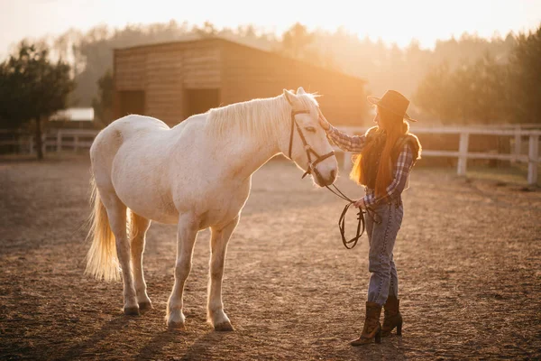 Woman farmer works with horses. — Stock Photo, Image