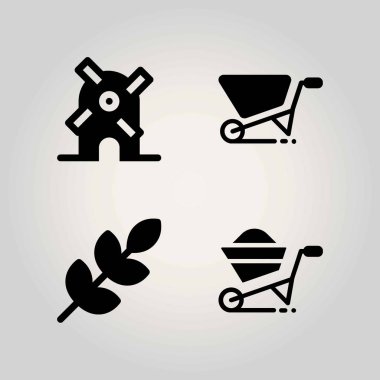 Çiftlik vektör Icon set. el arabası, buğday ve yel değirmeni