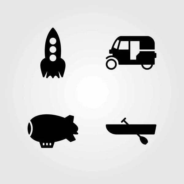 Ensemble d'icônes vectorielles de transport. fusée, tuk tuk et aviron — Image vectorielle