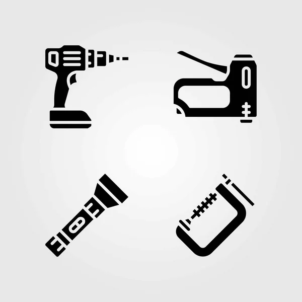 Werkzeuge Vektorsymbole gesetzt. Klemme, Taschenlampe und Klammerpistole — Stockvektor