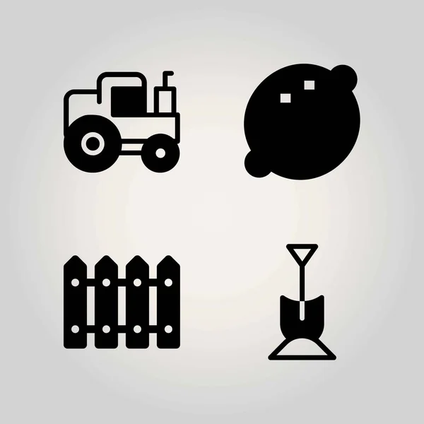 Agricultura vector icono conjunto. limón, pala, tractor y valla — Archivo Imágenes Vectoriales