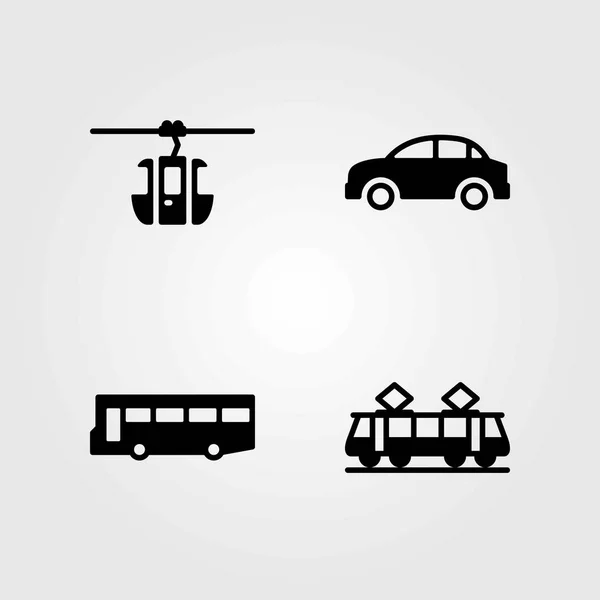 Ensemble d'icônes vectorielles de transport. cabine de bus, tramway et téléphérique — Image vectorielle