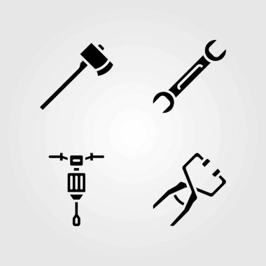 Araçlar Icons set vektör. Jackhammer, somun anahtarı ve balta