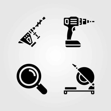 Araçlar Icons set vektör. Matkap, Büyüteç ve chop gördüm