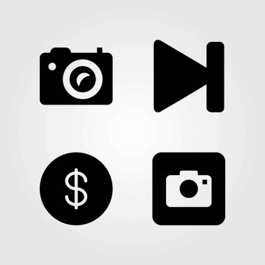 Düğmeleri Icons set vektör. bozuk para, dolar sikke ve fotoğraf kamera