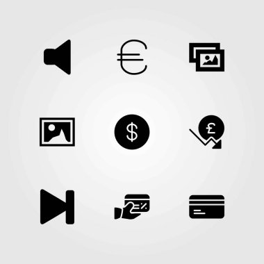 Düğmeleri Icons set vektör. Euro, sonraki ve sessiz