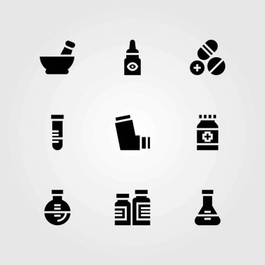 Tıp vektör simgeler kümesi. hap, tıp ve şişesi