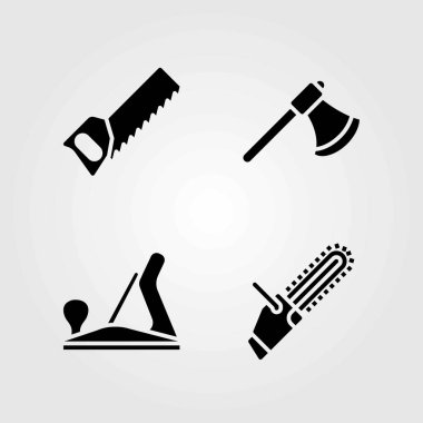 Araçlar Icons set vektör. Balta, testere ve chainsaw
