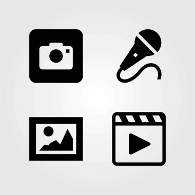 Multimedya vektör simgeler kümesi. fotoğraf makinesi, mic ve mikrofon