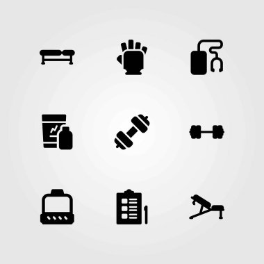 Fitness vektör simgeler kümesi. tezgah, sarsıntı ve müzik oyuncu