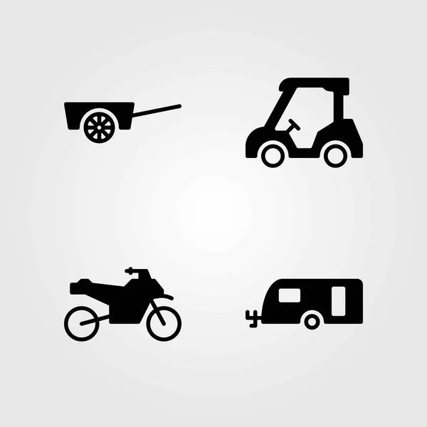 Conjunto de iconos vectoriales de transporte. caravana, carrito de golf y motocicleta — Archivo Imágenes Vectoriales
