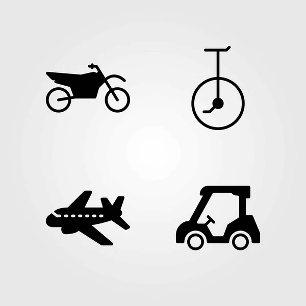 Közlekedési vektoros ikonok beállítása. motorkerékpár egykerekű és a repülőgép — Stock Vector