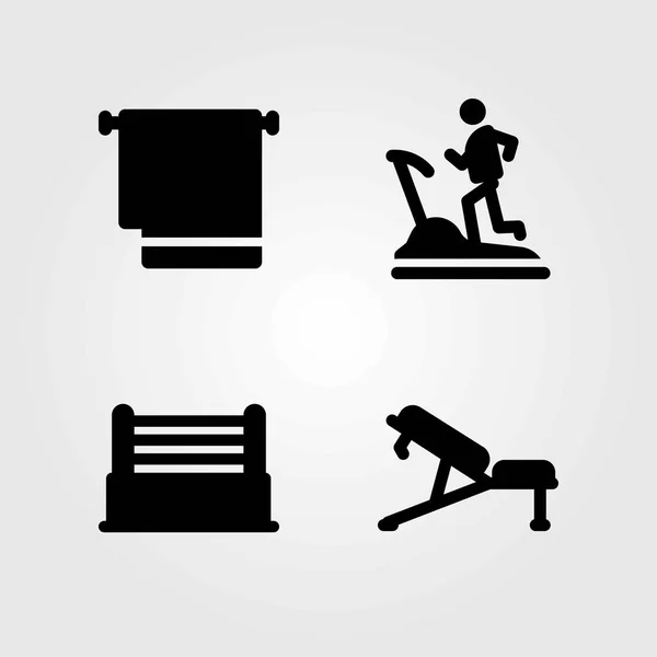 Fitness vektorové ikony nastavit. běžecký pás, prsten a lavice — Stockový vektor