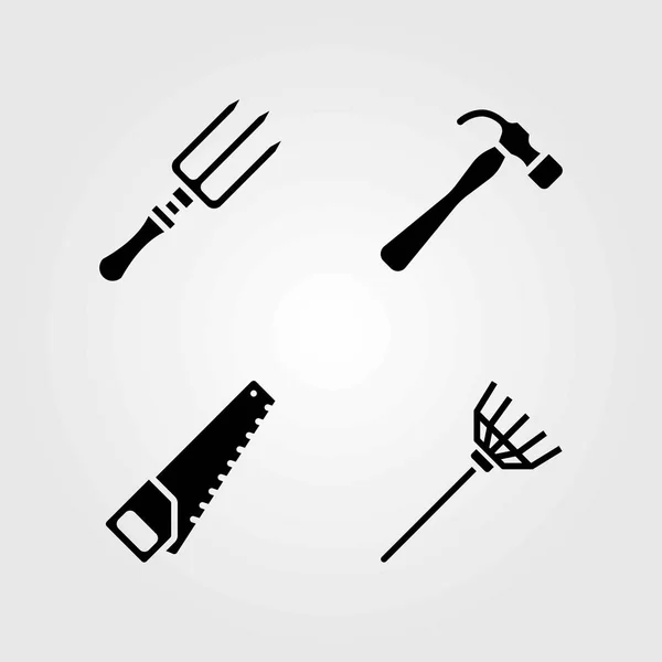 Garden vector icons set. fork, handsaw and rake — Stock Vector