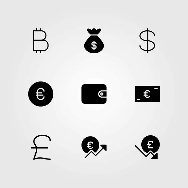 Pénz vektoros ikonok beállítása. táska, pénztárca és dollár — Stock Vector
