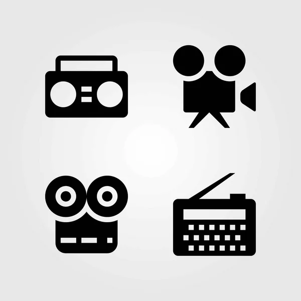 Conjunto de iconos vectoriales tecnológicos. reproductor de películas, radio y cámara de vídeo — Vector de stock