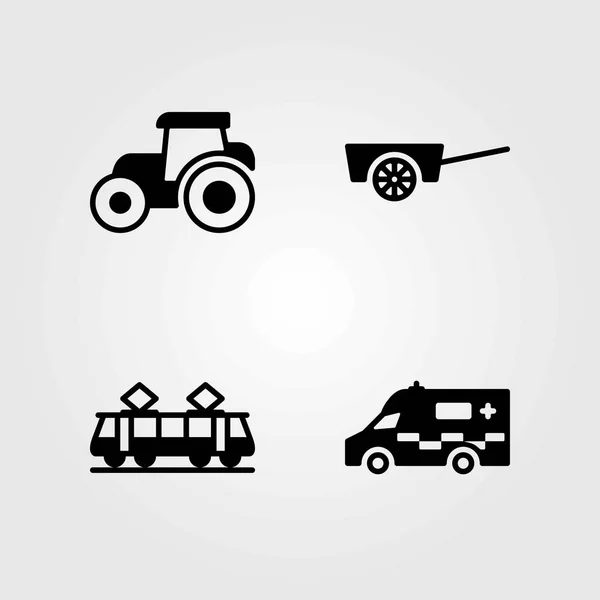 Conjunto de iconos vectoriales de transporte. tranvía, ambulancia y tractor — Archivo Imágenes Vectoriales