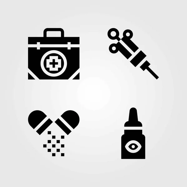 Medyczne wektor zestaw ikon. pigułki, pierwszej pomocy kit i oczu krople — Wektor stockowy