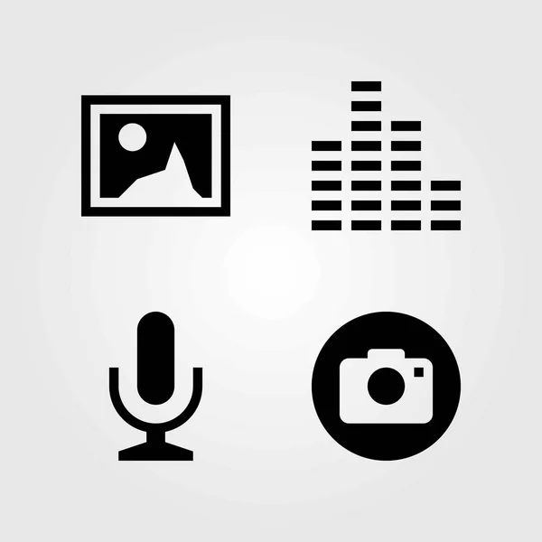 Conjunto de iconos vectoriales multimedia. barras de sonido, micrófono y micrófono — Archivo Imágenes Vectoriales