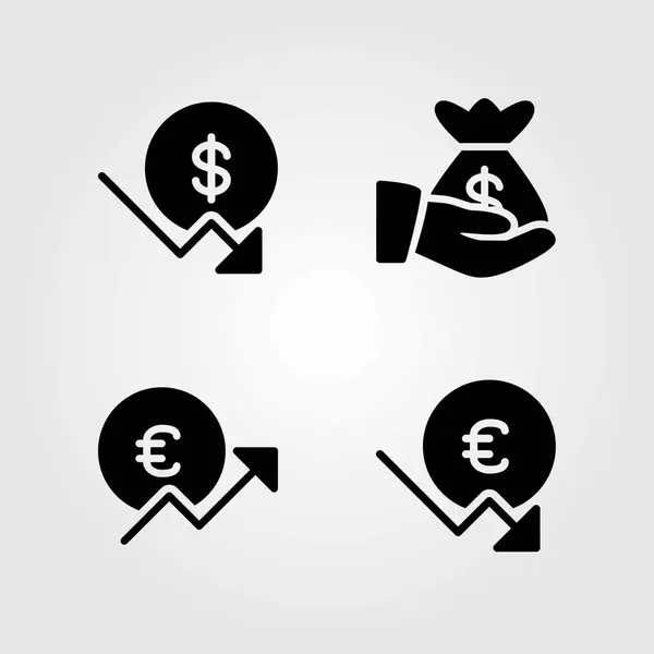 Bank vektor ikoner set. euro, pengar väska och dollar — Stock vektor