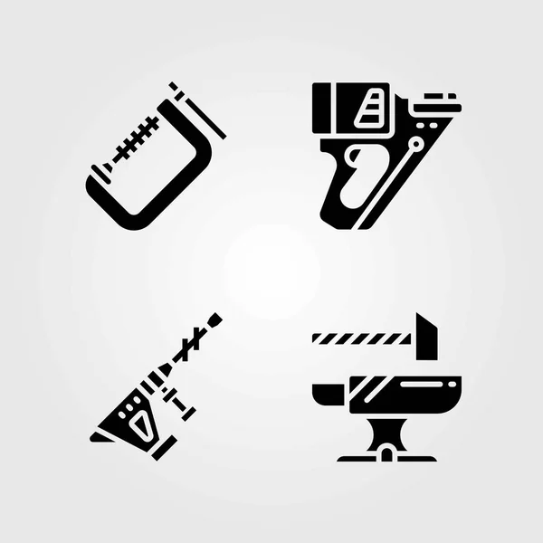 Outils ensemble d'icônes vectorielles. perceuse à marteaux, enclume et pistolet à ongles — Image vectorielle