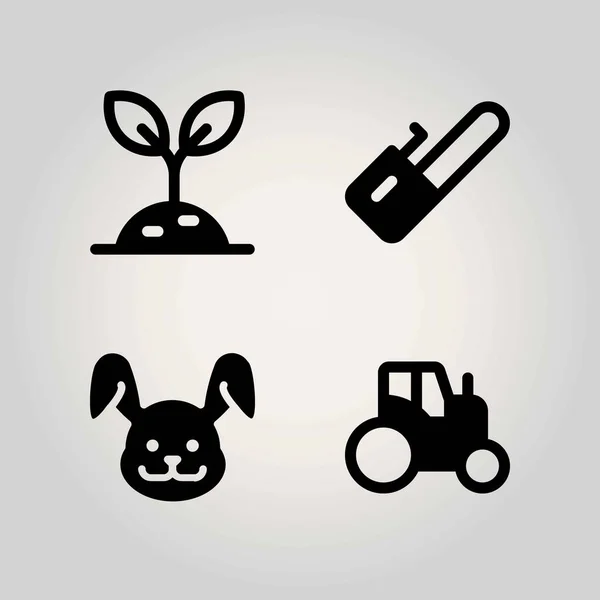 Farmvektorsymbole gesetzt. Kettensäge, Kaninchen, Sprossen und Traktor — Stockvektor