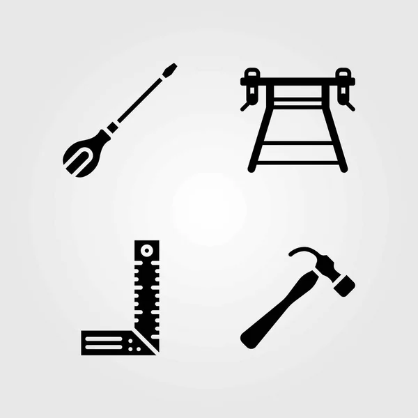Tools vector icons set. ruler, hammer and work brench — Stock Vector