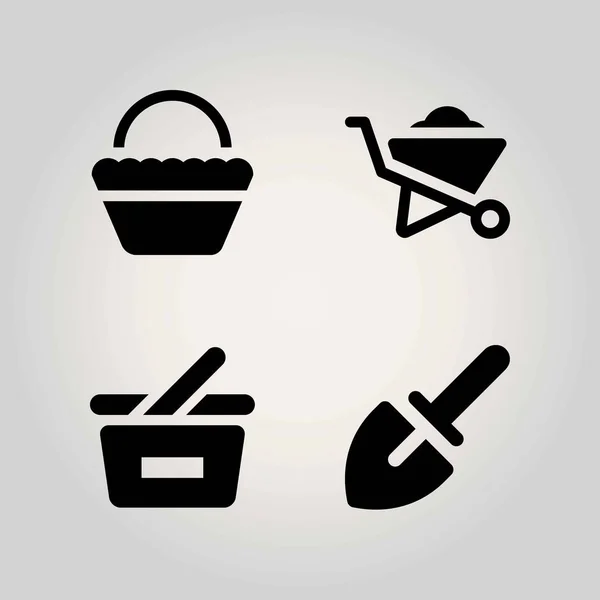 Landbouw vector icon set. kruiwagen, shopping mand, korf en troffel — Stockvector