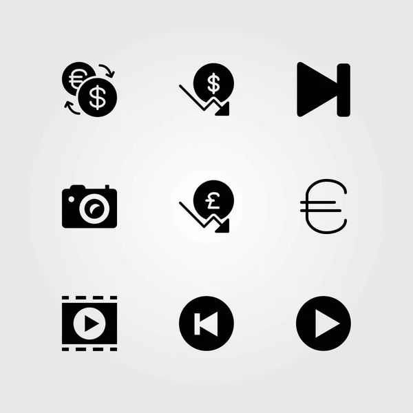 Набор векторных значков кнопок. кнопка воспроизведения, фотокамера и евро — стоковый вектор