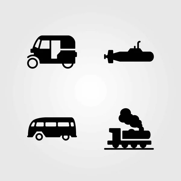 Transport wektor zestaw ikon. kolejowego, łódź podwodna i tuk tuk — Wektor stockowy