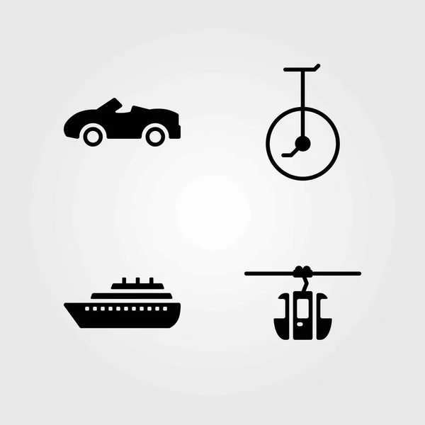 Transport wektor zestaw ikon. Unicycle, kolejki linowej kabiny i samochodu — Wektor stockowy