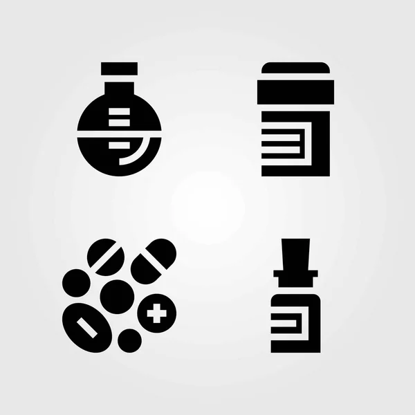 医学矢量图标设置。烧瓶, 药物和药片 — 图库矢量图片