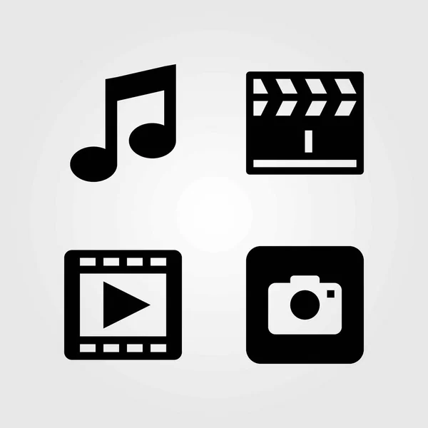 Set di icone vettoriali multimediali. clapperboard, nota musicale e lettore di film — Vettoriale Stock