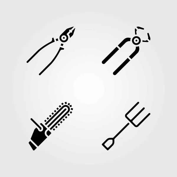 Tools vector icons set. pliers, chainsaw and fork — Stock Vector